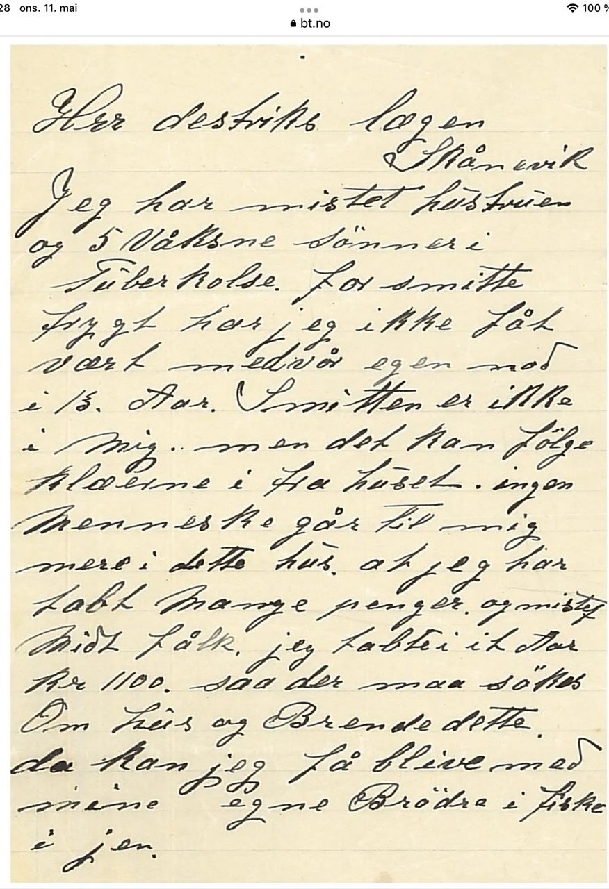 Brev til distriktslægen Skånevig 1930